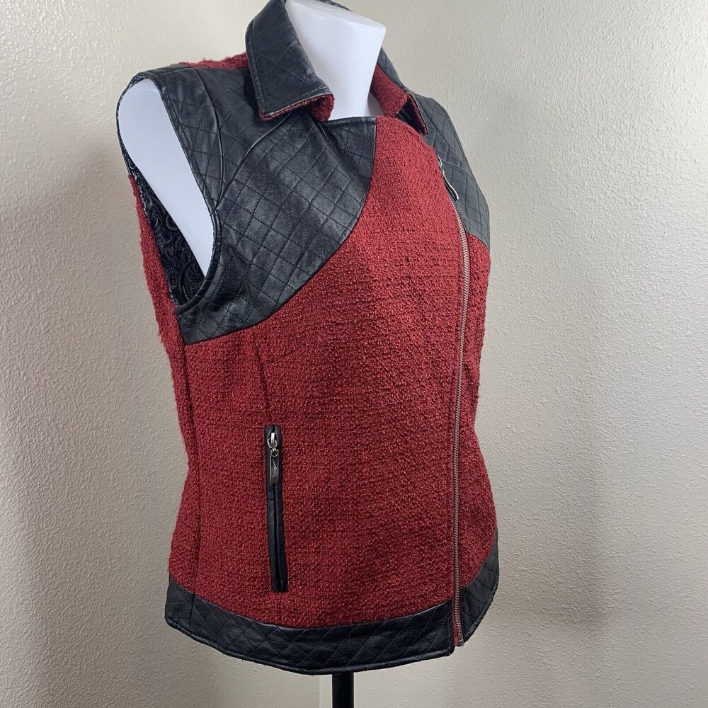 Montana Co Women’s Red Black Full Zip Vest Sz L Wool Blend Faux Leather
